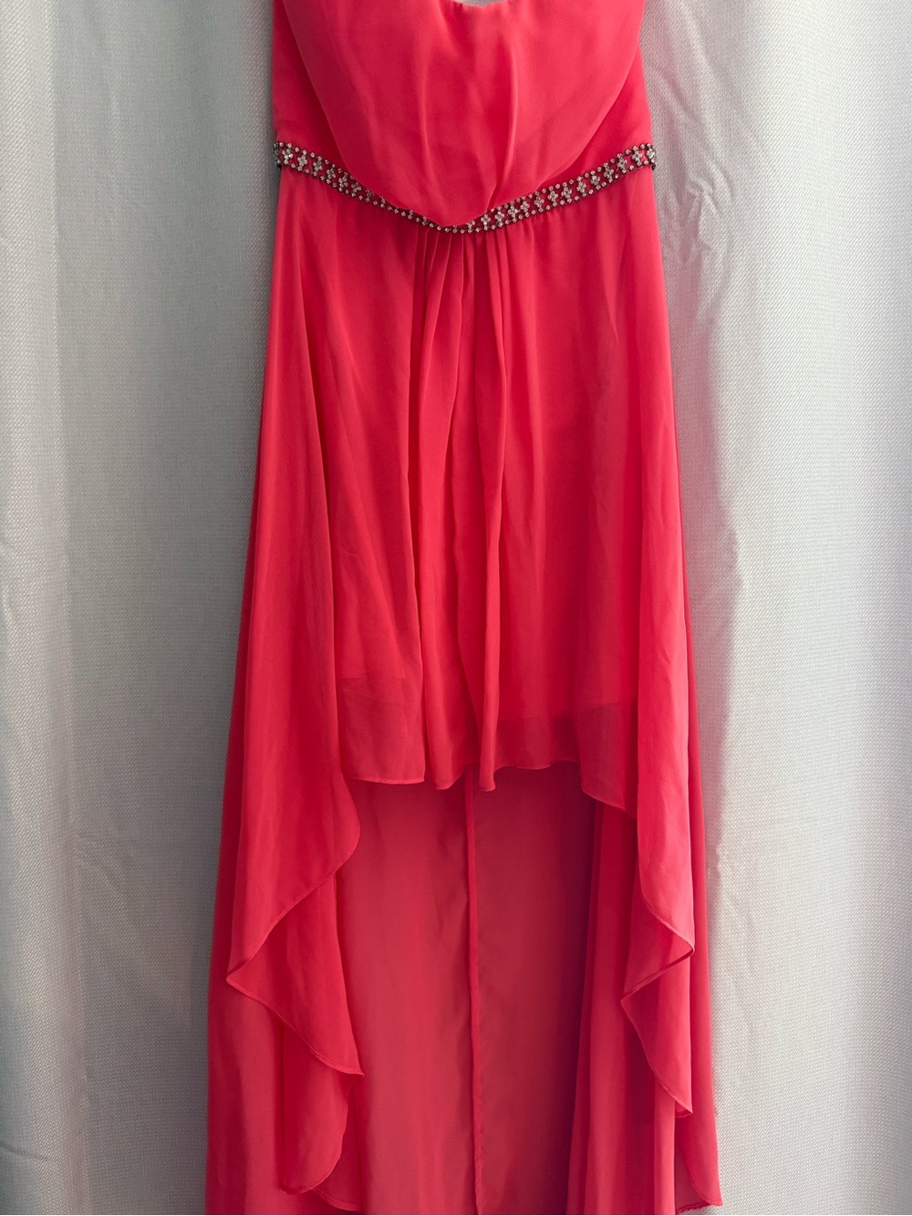 Minuet Petite Coral-Red High-Low Evening Dress with Beaded Waist